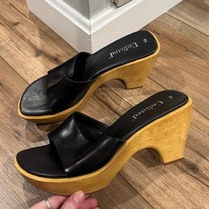 UNLISTED Black Leather Wood Heel Open Toe Platform Sandals | Size 8.5